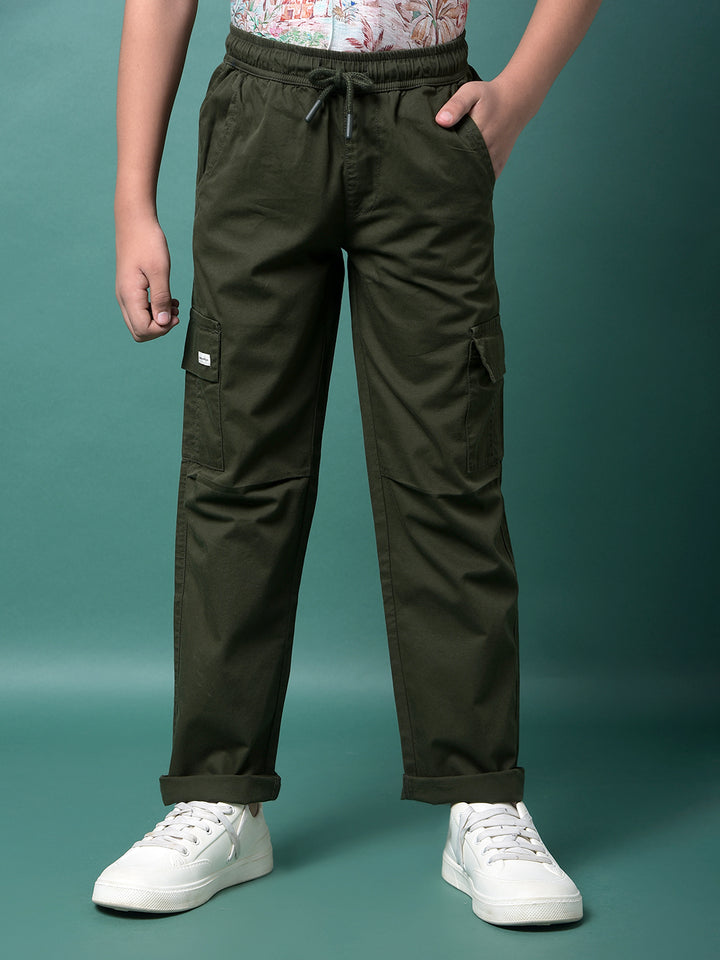 Olive 100% Cotton Cargo Trousers-Boys Trousers-Crimsoune Club