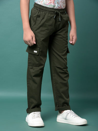 Olive 100% Cotton Cargo Trousers-Boys Trousers-Crimsoune Club