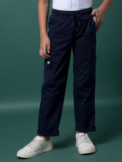 Navy Blue 100% Cotton Cargo Trousers-Boys Trousers-Crimsoune Club