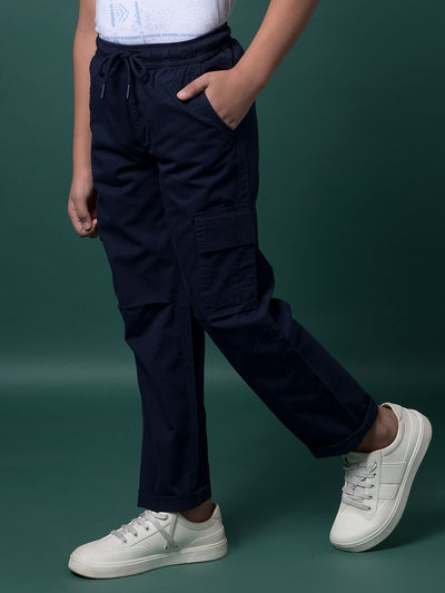 Navy Blue 100% Cotton Cargo Trousers-Boys Trousers-Crimsoune Club