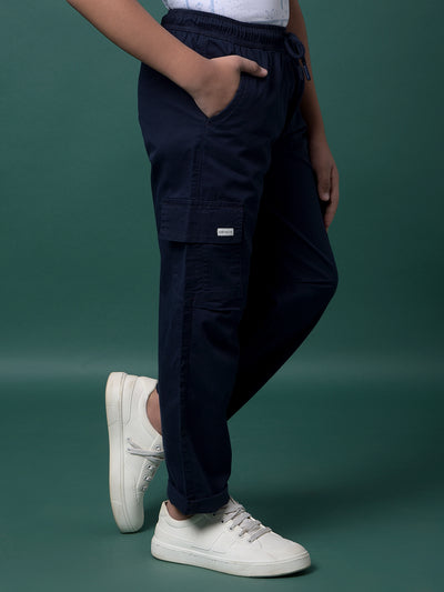 Navy Blue 100% Cotton Cargo Trousers-Boys Trousers-Crimsoune Club