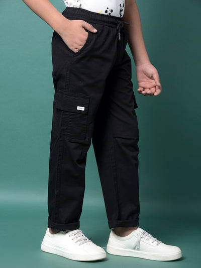 Black 100% Cotton Cargo Trousers-Boys Trousers-Crimsoune Club