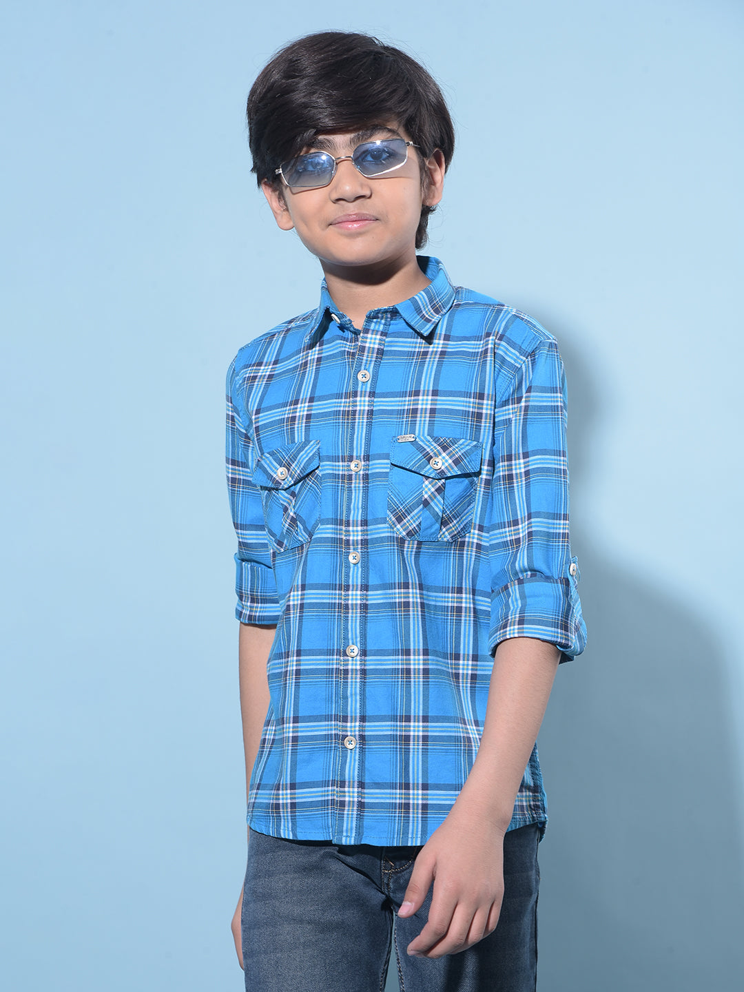 Blue Tartan Check Cotton Shirt-Boys Shirts-Crimsoune Club