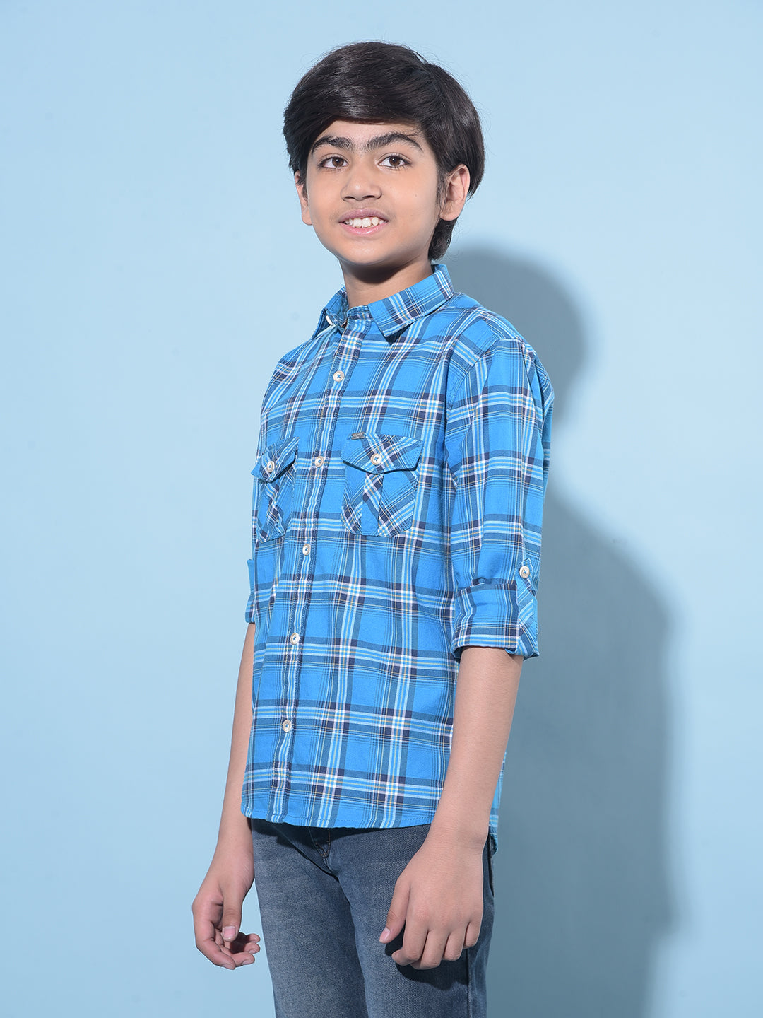 Blue Tartan Check Cotton Shirt-Boys Shirts-Crimsoune Club