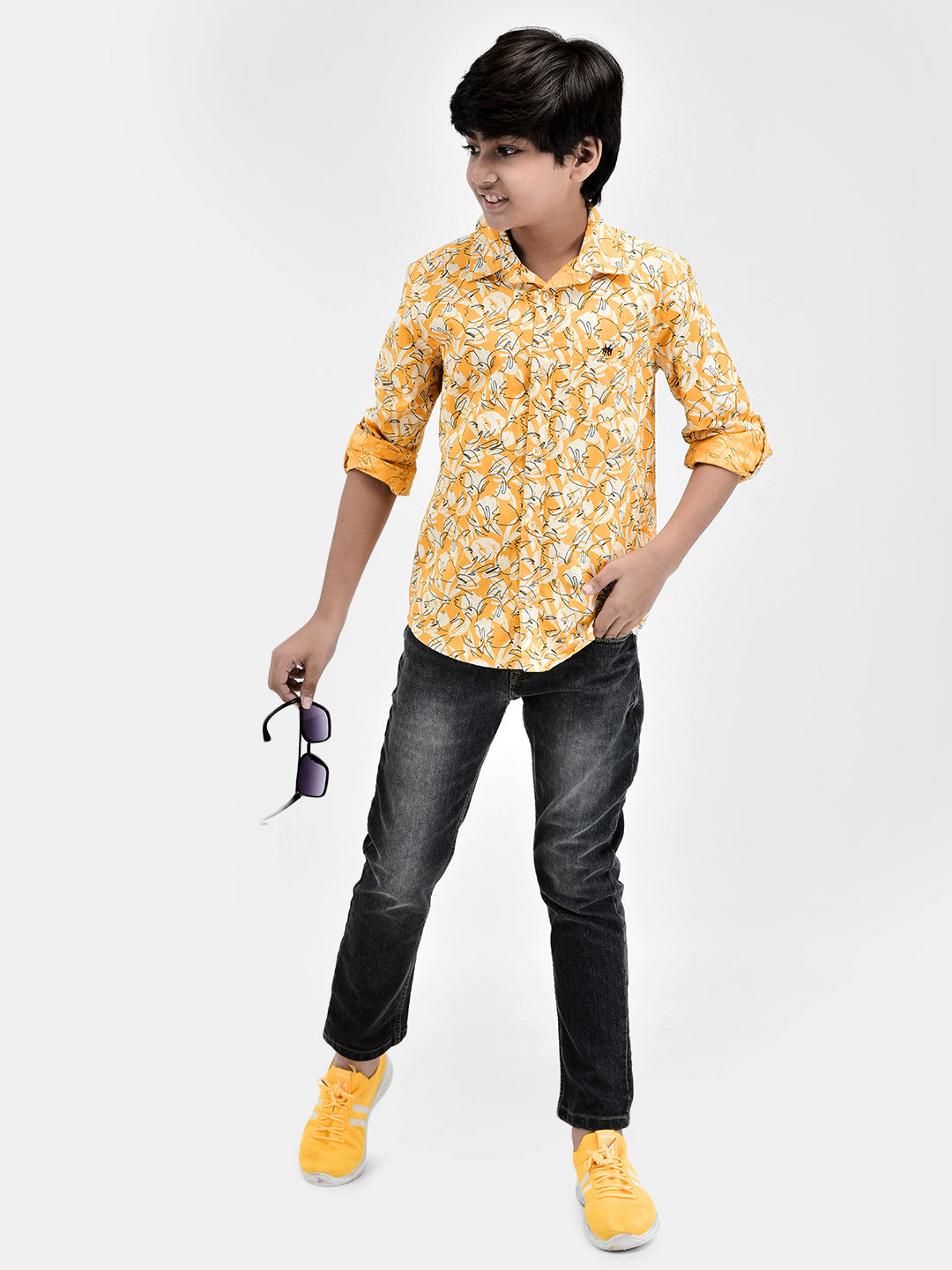 Floral Print Yellow Shirt-Boys Shirts-Crimsoune Club