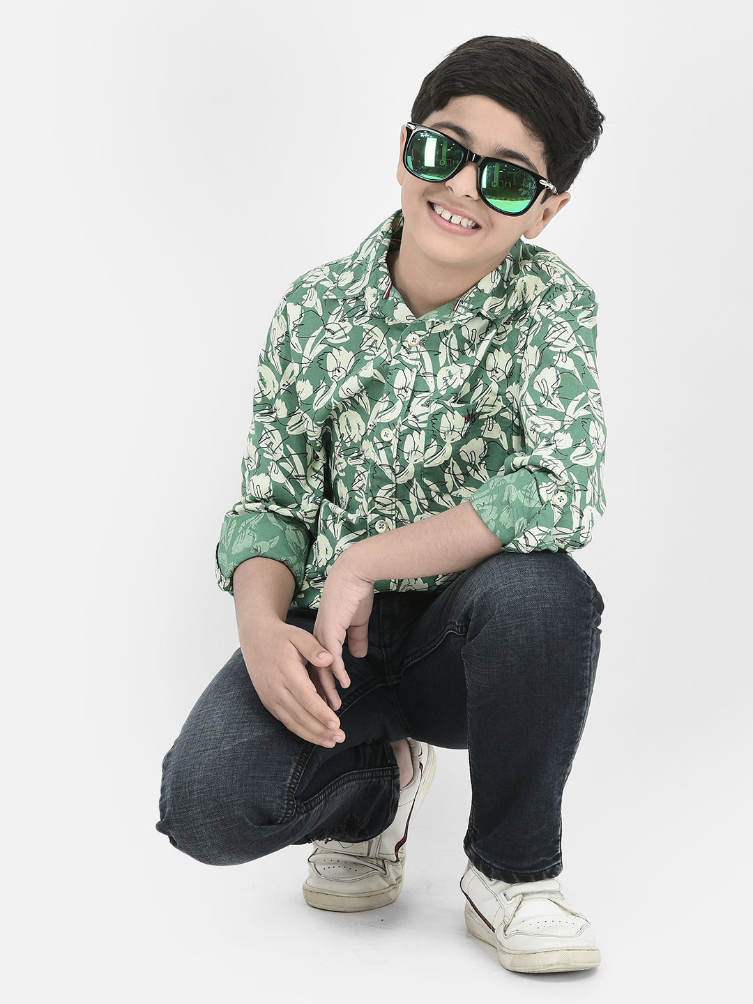 Green Floral Print Shirt-Boys Shirts-Crimsoune Club