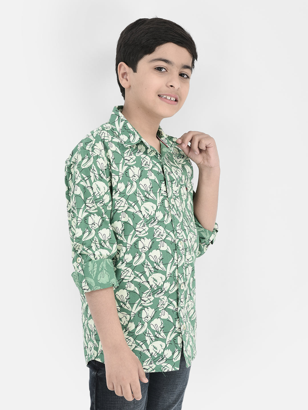 Green Floral Print Shirt-Boys Shirts-Crimsoune Club