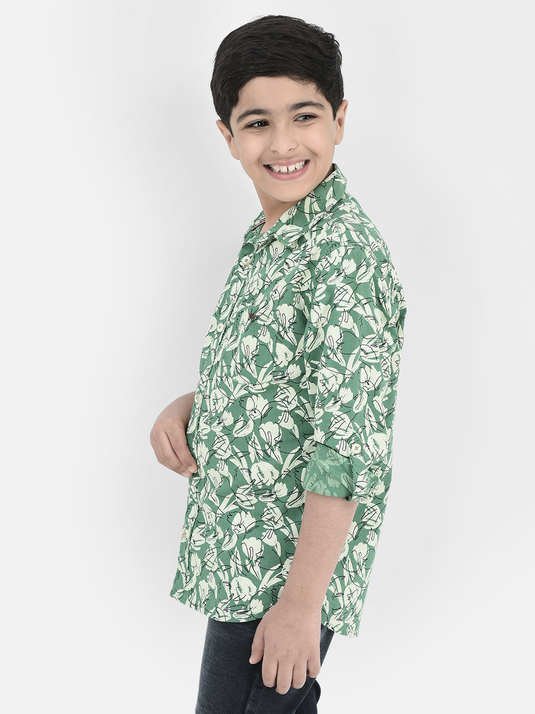 Green Floral Print Shirt-Boys Shirts-Crimsoune Club