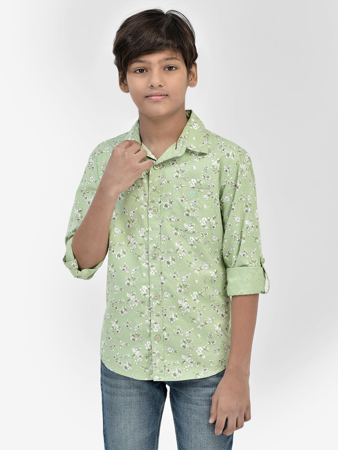 Floral Print Green Shirt-Boys Shirts-Crimsoune Club