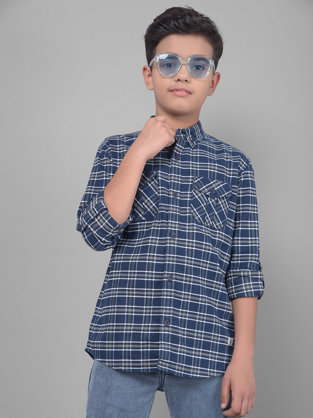 Navy Blue Checked Shirt-Boys Shirts-Crimsoune Club