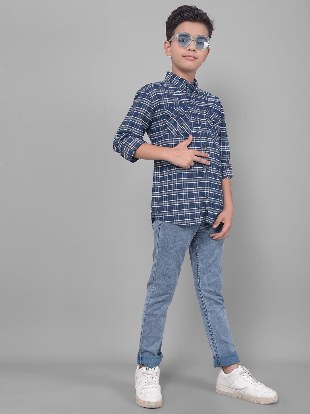 Navy Blue Checked Shirt-Boys Shirts-Crimsoune Club