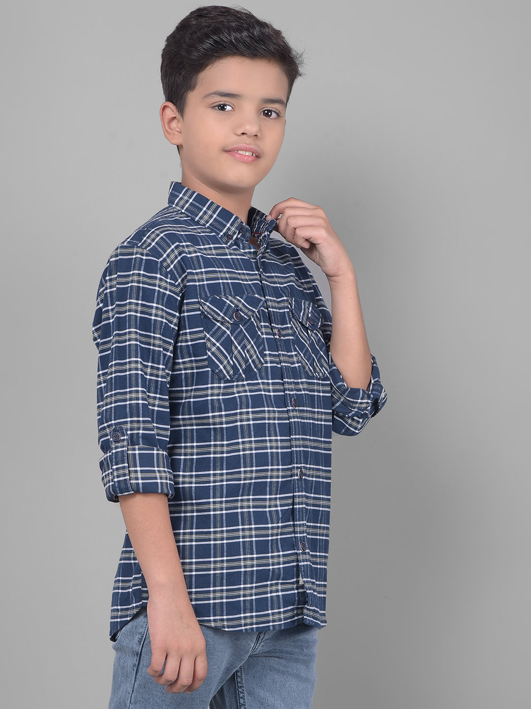 Navy Blue Checked Shirt-Boys Shirts-Crimsoune Club