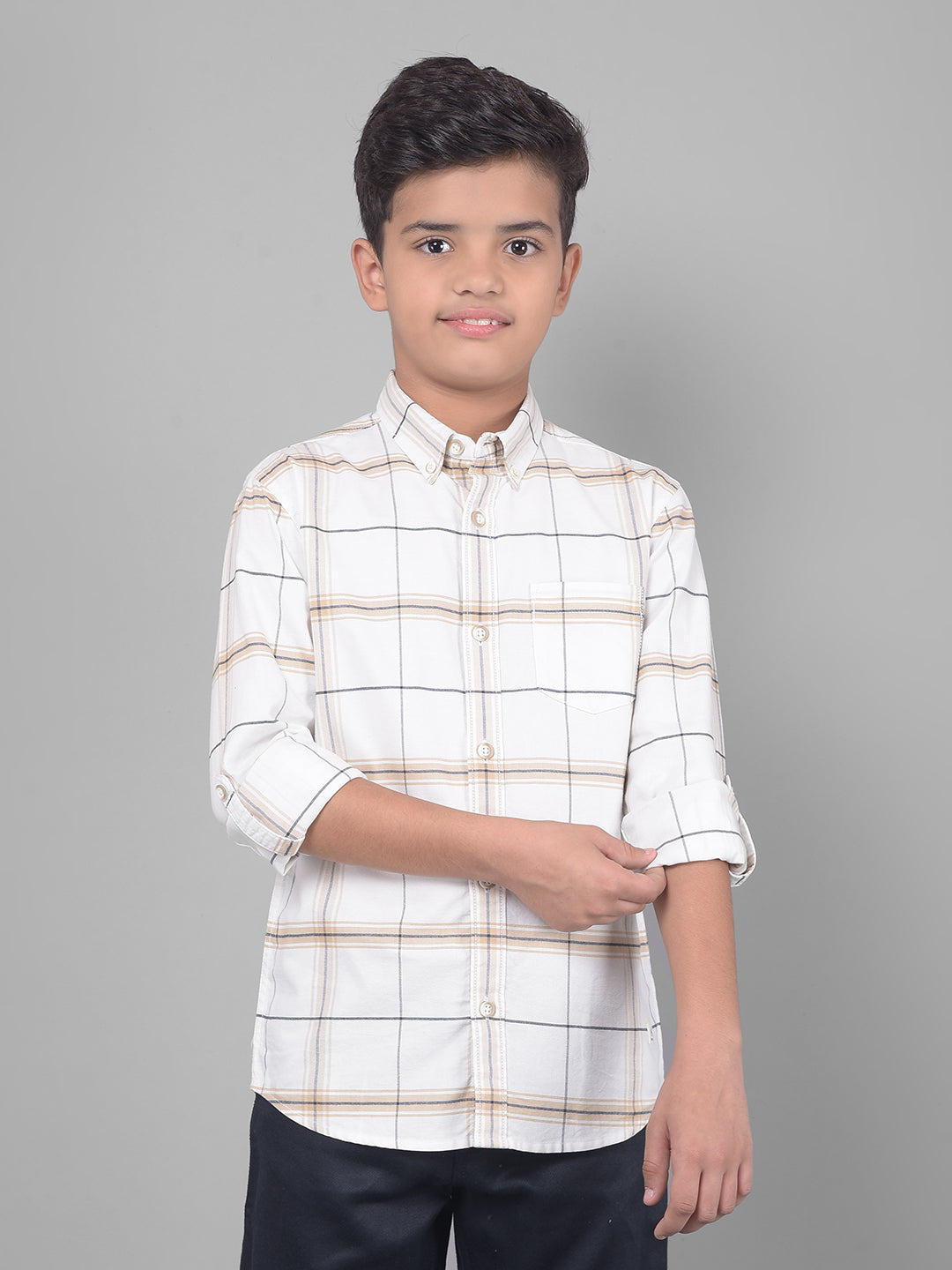 Off White Checked Button Down Collar Shirt-Boys Shirts-Crimsoune Club