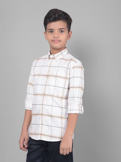 Off White Checked Button Down Collar Shirt-Boys Shirts-Crimsoune Club