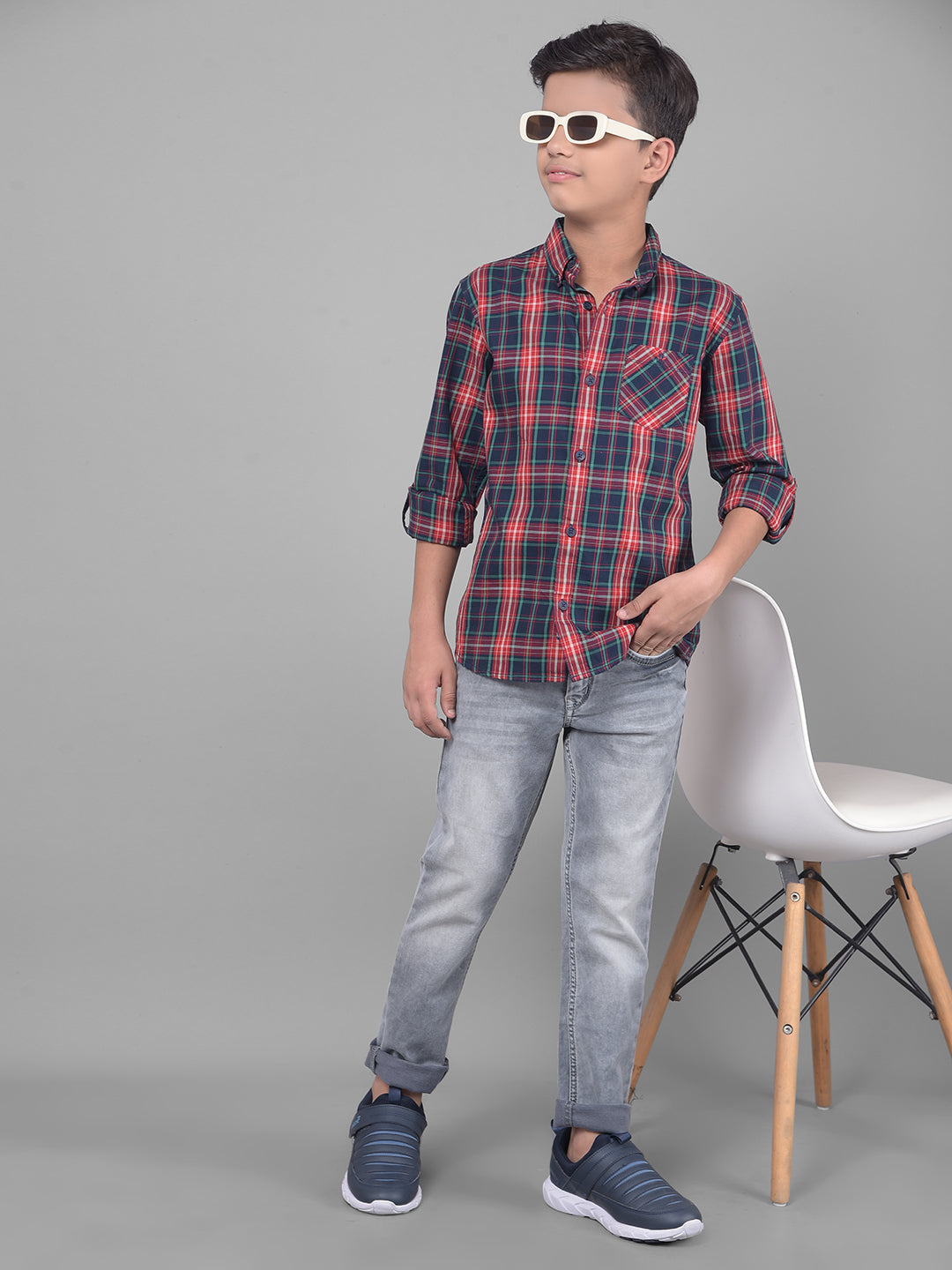 Multicolor Checked Button Down Collar Shirt-Boys Shirts-Crimsoune Club