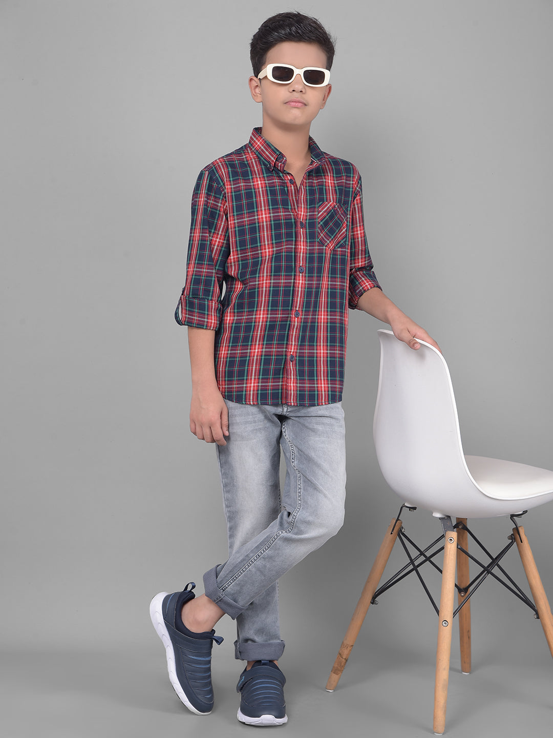 Multicolor Checked Button Down Collar Shirt-Boys Shirts-Crimsoune Club