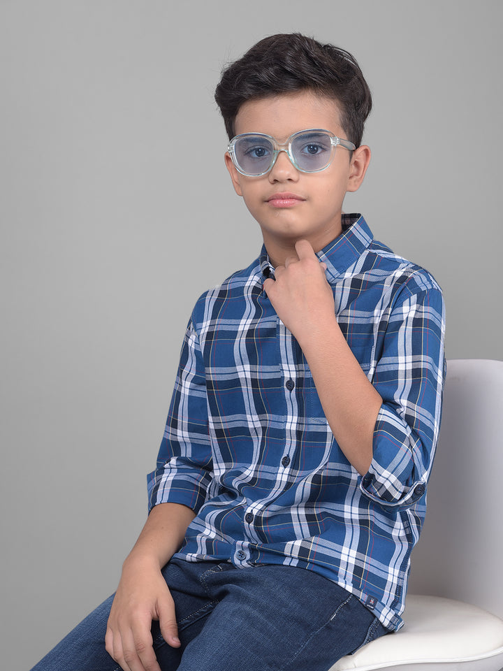 Blue Checked Button Down Collar Shirt-Boys Shirts-Crimsoune Club