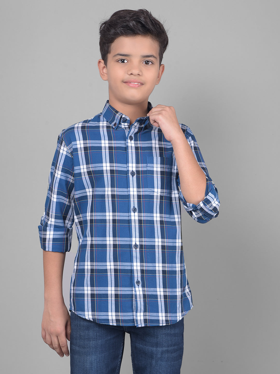 Blue Checked Button Down Collar Shirt-Boys Shirts-Crimsoune Club