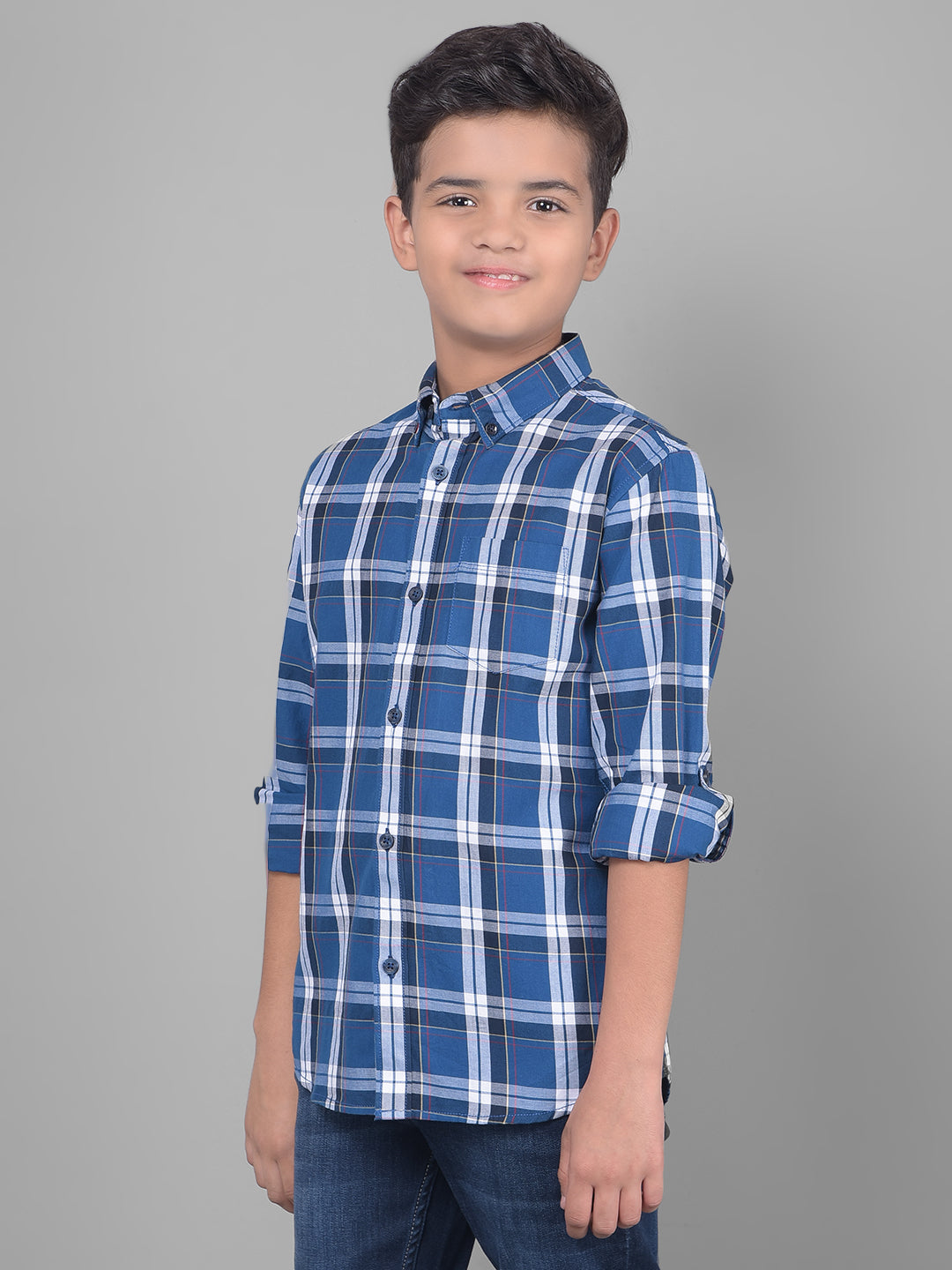 Blue Checked Button Down Collar Shirt-Boys Shirts-Crimsoune Club