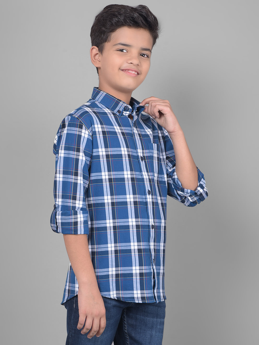 Blue Checked Button Down Collar Shirt-Boys Shirts-Crimsoune Club