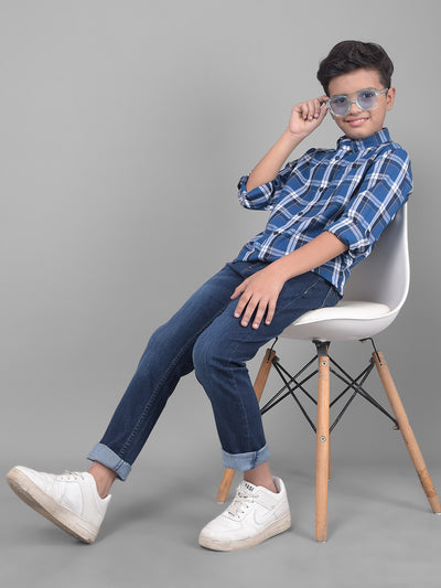 Blue Checked Button Down Collar Shirt-Boys Shirts-Crimsoune Club