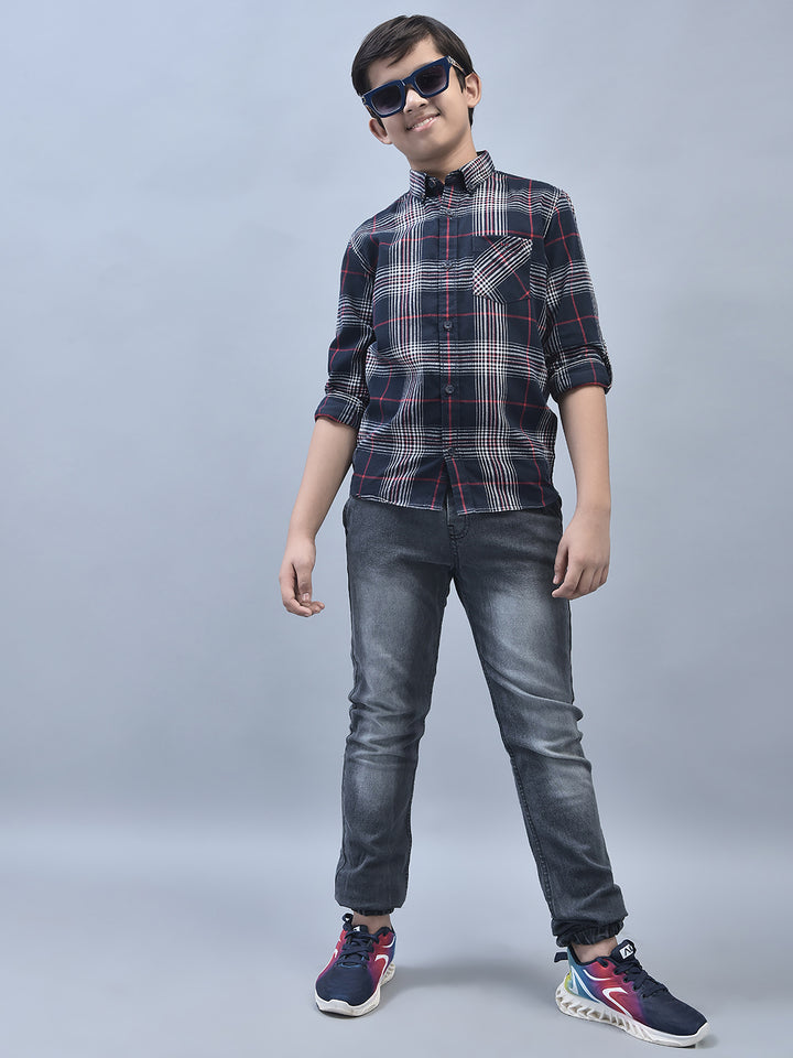 Navy Blue Checked Shirt-Boys Shirts-Crimsoune Club