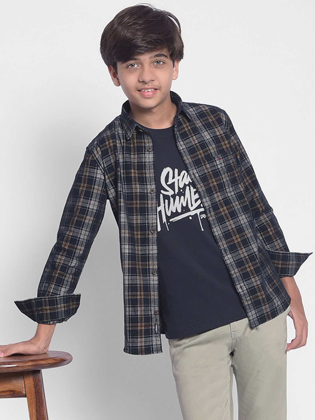 Navy Blue Checked Corduroy Shirt-Boy Shirts-Crimsoune Club