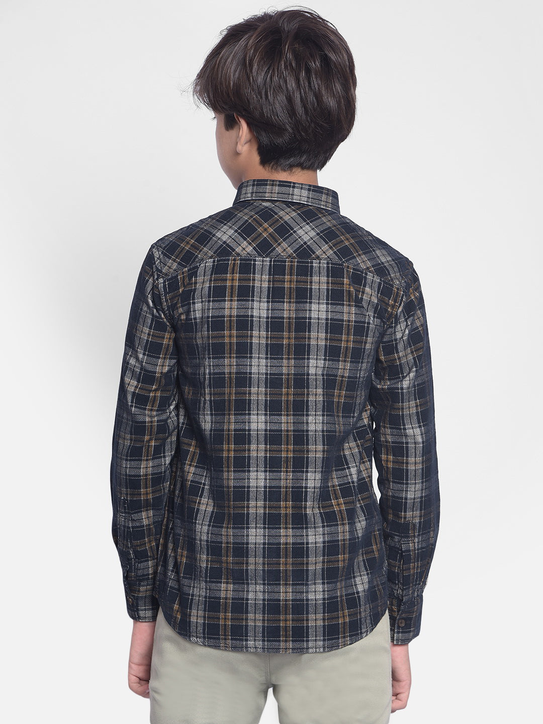 Navy Blue Checked Corduroy Shirt-Boy Shirts-Crimsoune Club