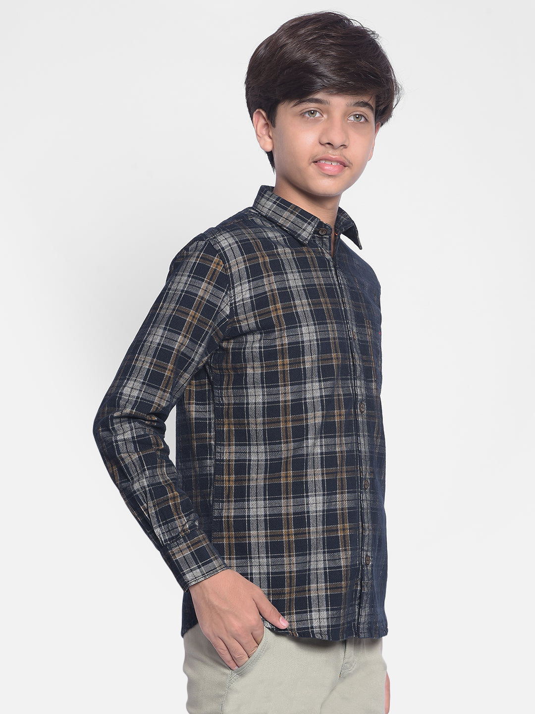 Navy Blue Checked Corduroy Shirt-Boy Shirts-Crimsoune Club