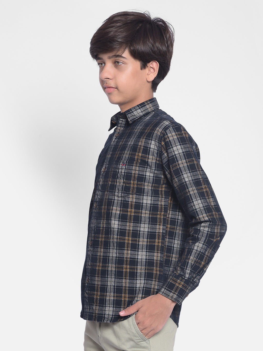 Navy Blue Checked Corduroy Shirt-Boy Shirts-Crimsoune Club