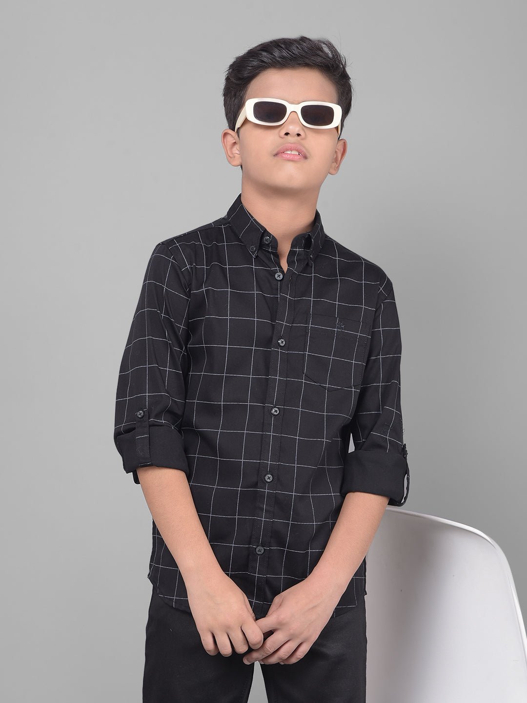 Black Checked Button Down Collar Shirt-Boys Shirts-Crimsoune Club
