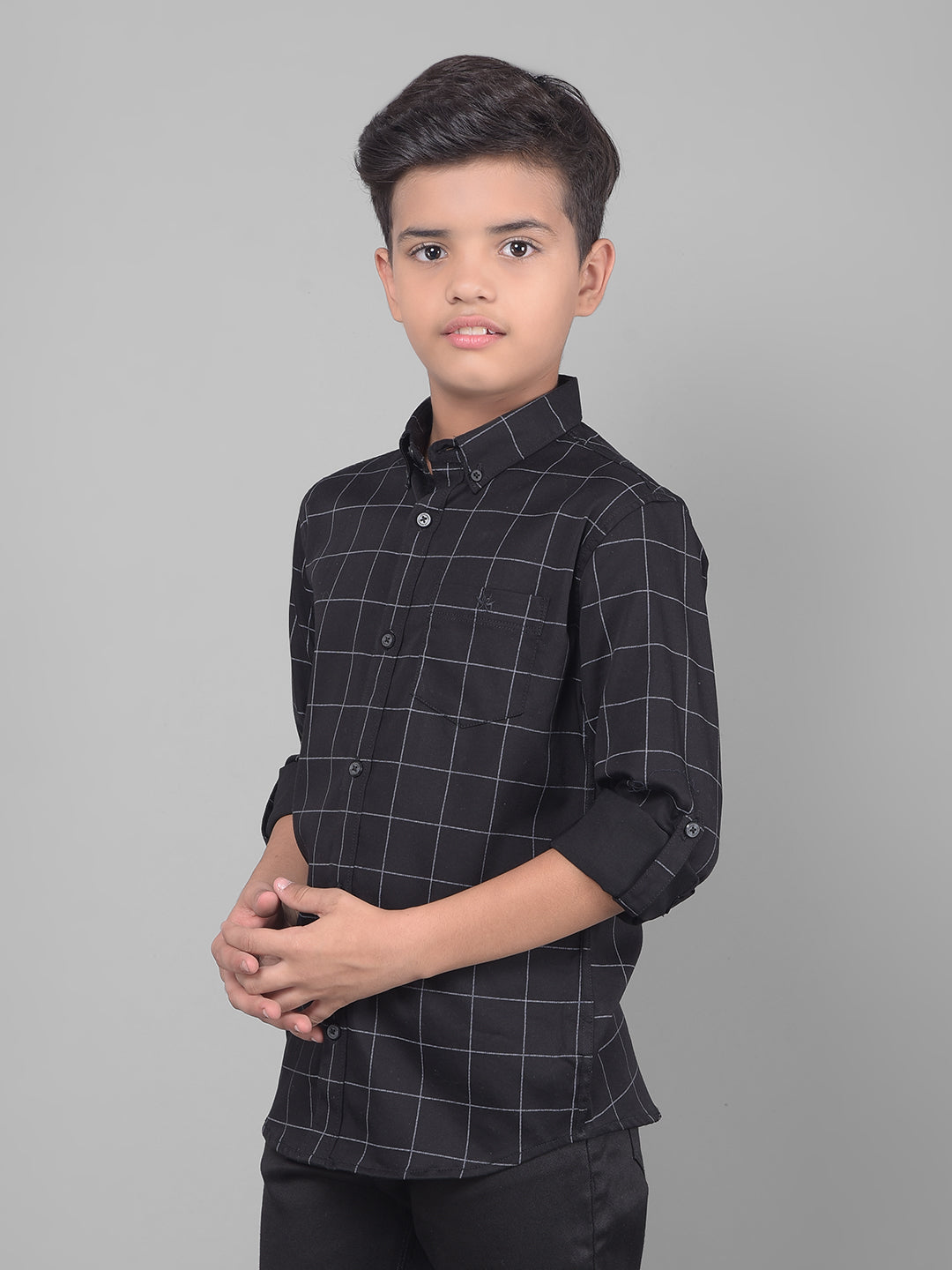 Black Checked Button Down Collar Shirt-Boys Shirts-Crimsoune Club