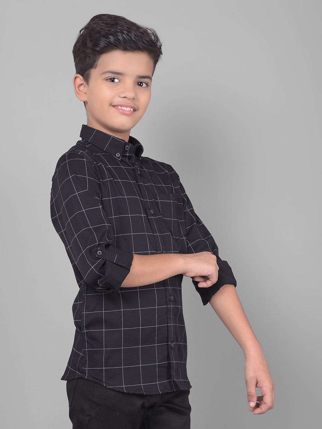 Black Checked Button Down Collar Shirt-Boys Shirts-Crimsoune Club