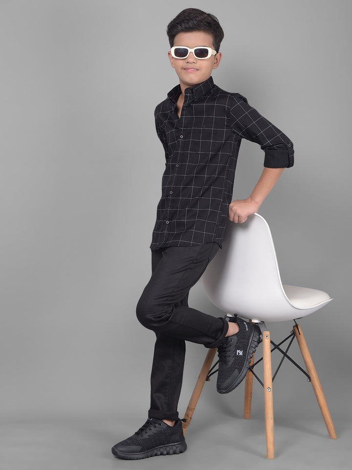Black Checked Button Down Collar Shirt-Boys Shirts-Crimsoune Club