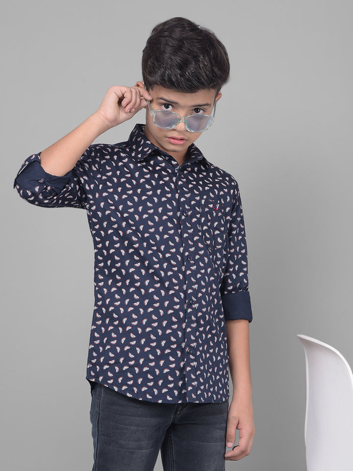 Navy Blue Printed Shirt-Boys Shirts-Crimsoune Club