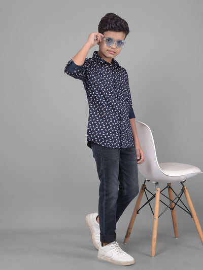 Navy Blue Printed Shirt-Boys Shirts-Crimsoune Club