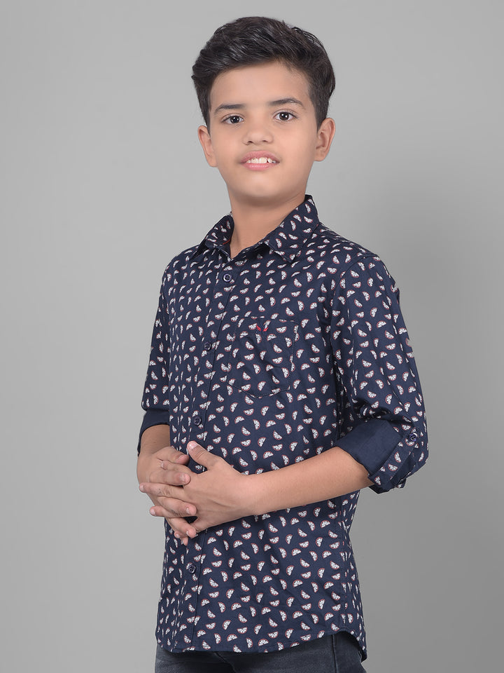 Navy Blue Printed Shirt-Boys Shirts-Crimsoune Club