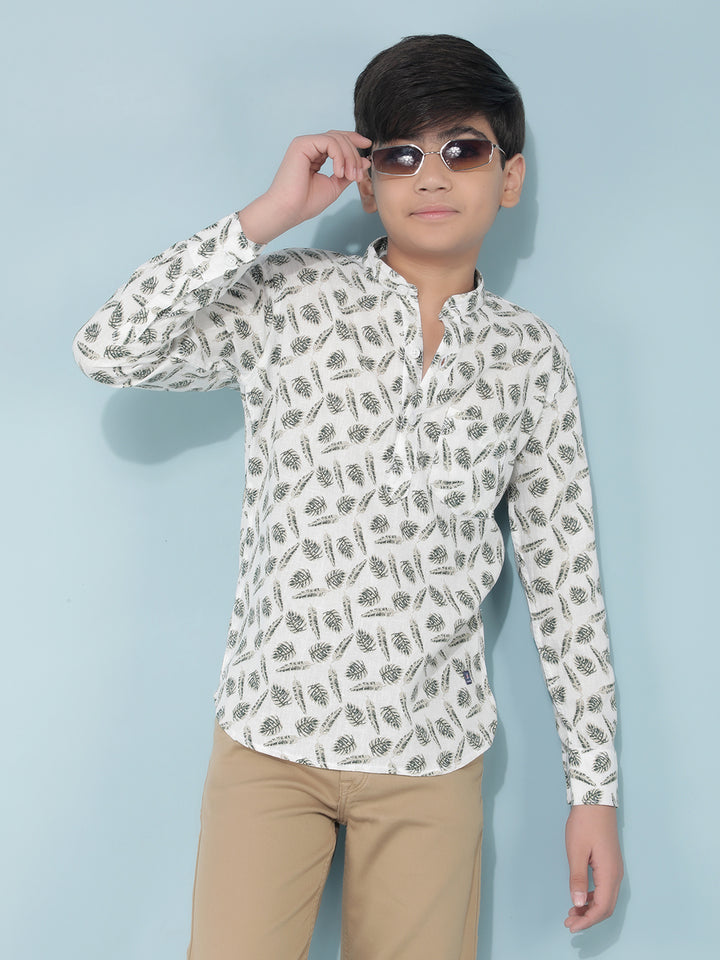 Olive Floral Print Linen Kurta-Boys Kurtas-Crimsoune Club