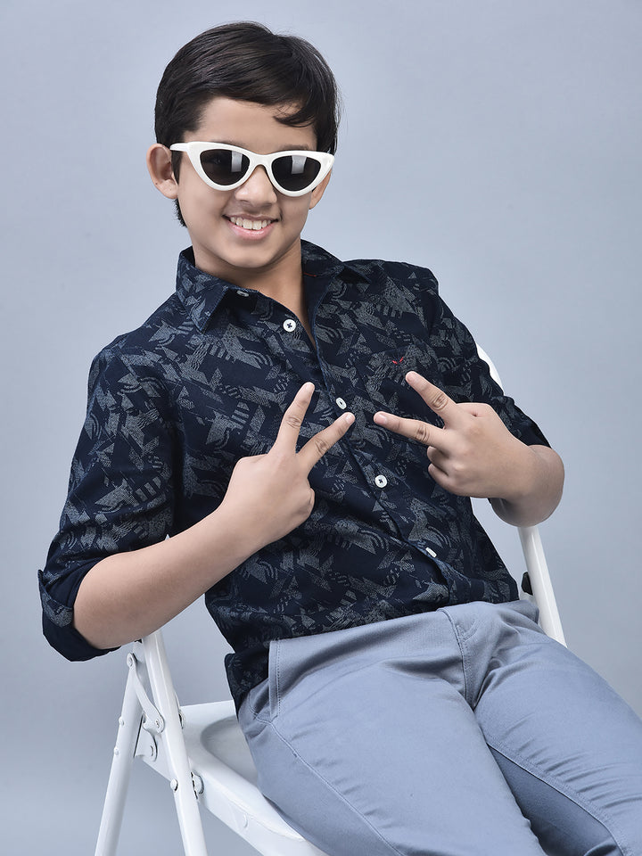 Navy Blue Printed Shirt-Boys Shirts-Crimsoune Club