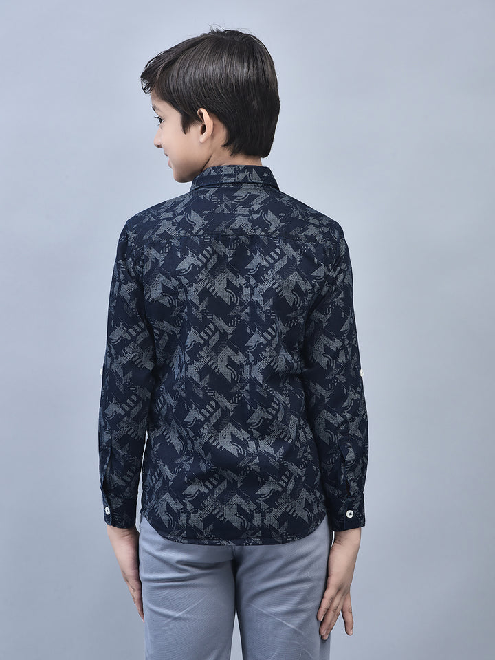 Navy Blue Printed Shirt-Boys Shirts-Crimsoune Club