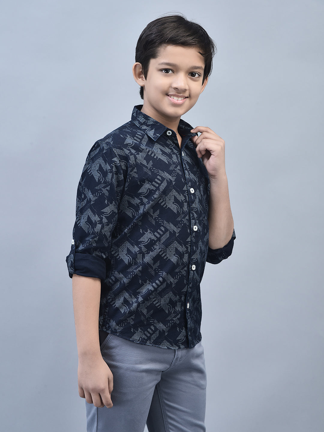 Navy Blue Printed Shirt-Boys Shirts-Crimsoune Club