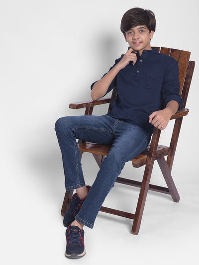 Navy Blue Denim Kurta-Boys Kurta-Crimsoune Club