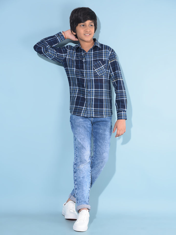 Navy Blue Tartan Check 100% Cotton Shirt-Boys Shirts-Crimsoune Club