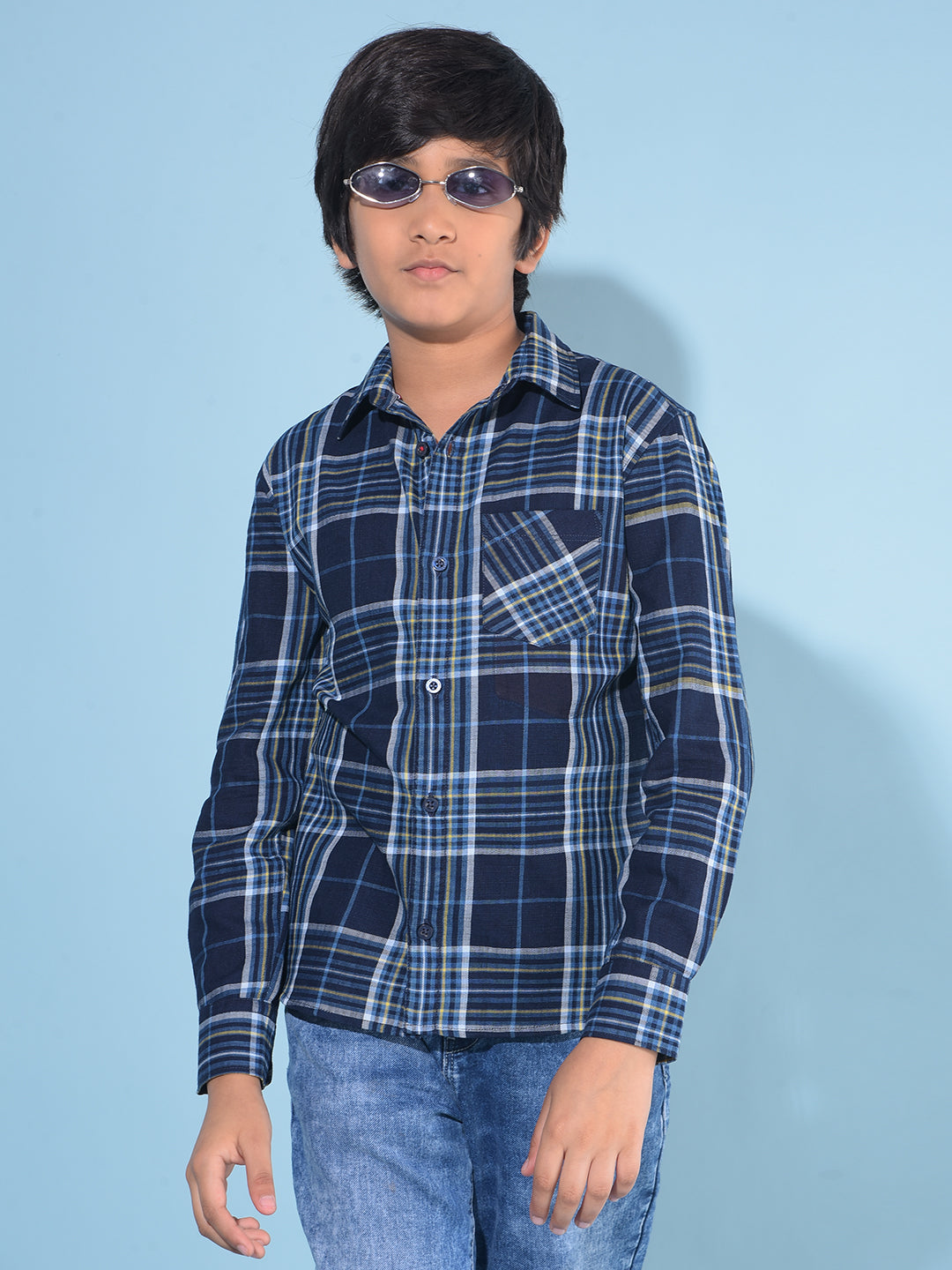 Navy Blue Tartan Check 100% Cotton Shirt-Boys Shirts-Crimsoune Club