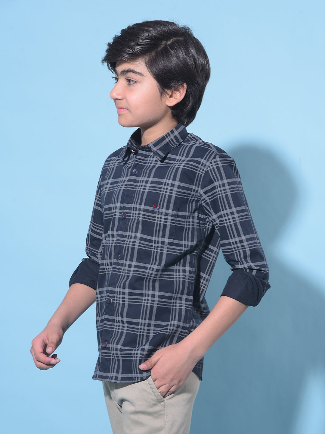 Navy Blue Tartan Check 100% Cotton Shirt-Boys Shirts-Crimsoune Club