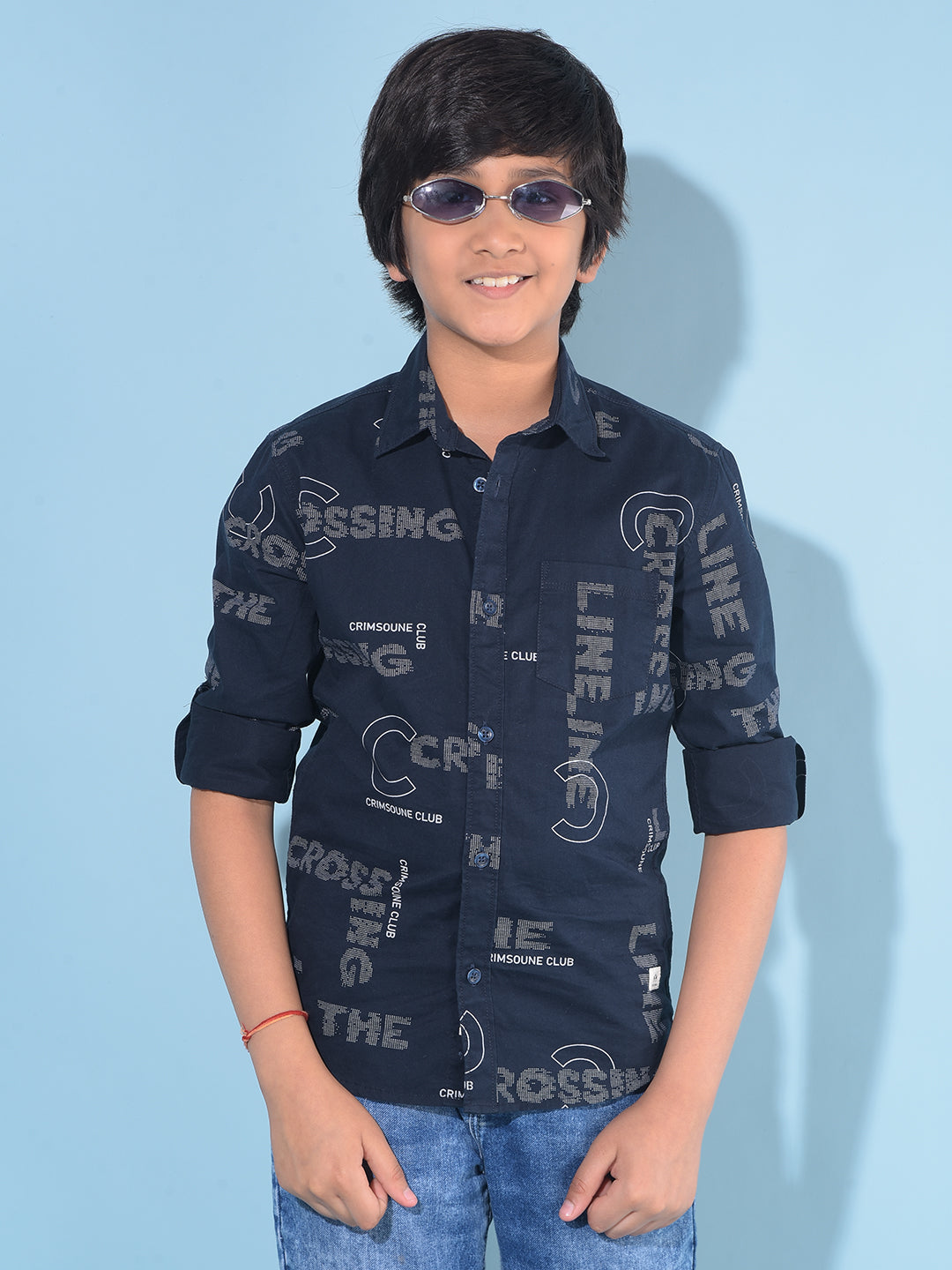 Navy Blue Typographic 100% Cotton Shirt-Boys Shirts-Crimsoune Club