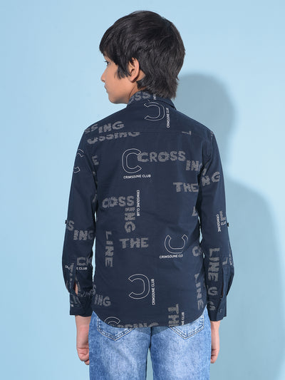 Navy Blue Typographic 100% Cotton Shirt-Boys Shirts-Crimsoune Club