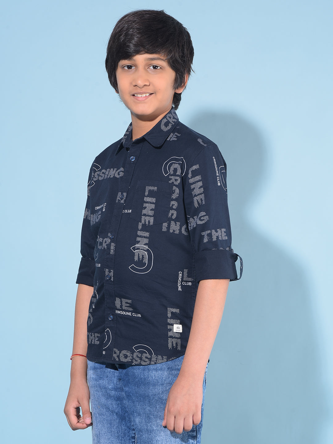 Navy Blue Typographic 100% Cotton Shirt-Boys Shirts-Crimsoune Club