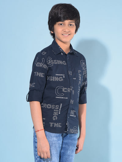 Navy Blue Typographic 100% Cotton Shirt-Boys Shirts-Crimsoune Club