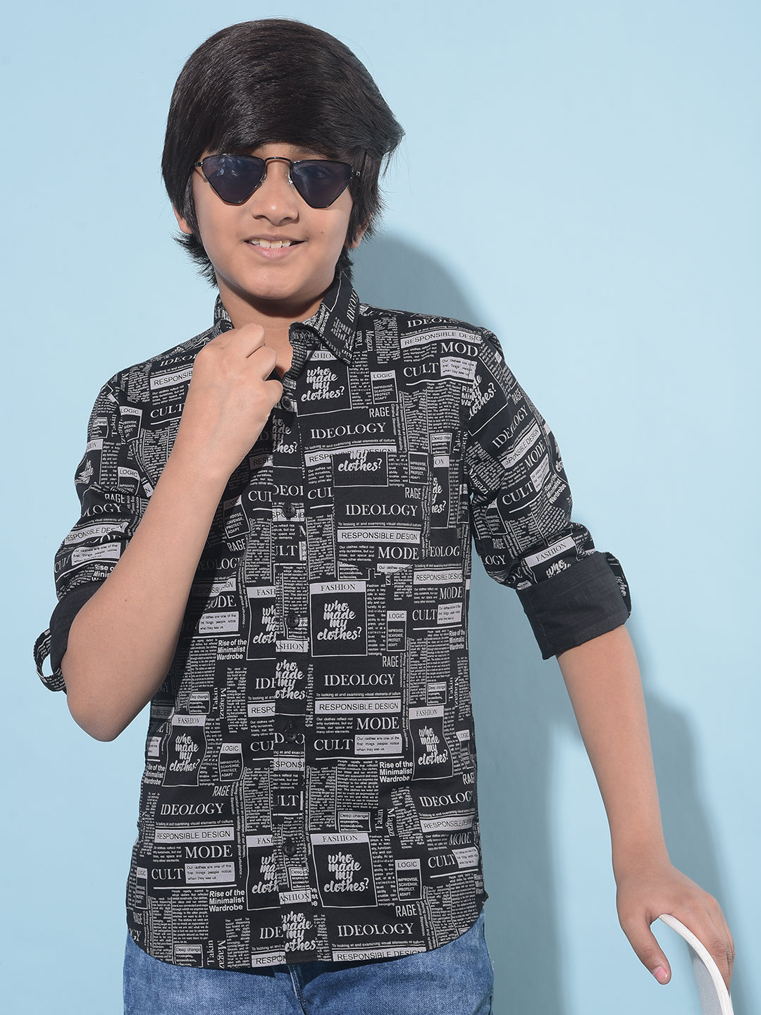 Black Graphic Print 100% Cotton Shirt-Boys Shirts-Crimsoune Club